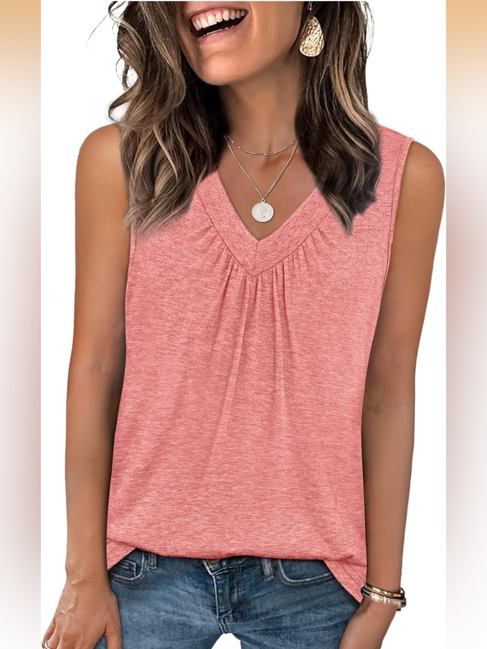 Tank Top Loose Fit Sleeveless Shirt V Neck Summer Ruched Tee Curved Hem Pink 2XL